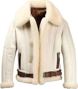 Premium Real Leather <b>Shearling</b> <b>Jacket</b> Men Thick Fur Lined Winter Hooded <b>Jacket</b> Distressed Aviator <b>Bomber</b> Coat with Hood - Product Image 1