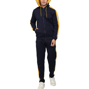 <b>Men's</b> Navy Blue Hooded Tracksuit With Yellow Stripes Full Zip Casual Sweatshirt And Pants <b>Set</b> Breathable Polyester - Product Image 2