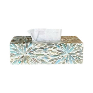 Boîte à mouchoirs à motif floral, design bleu et blanc, pratique, décorative, de forme carrée. Nacre. - Product Image 1