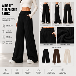 Women High Waist Wide Leg <b>Pants</b> Knitted Elastic Waist Solid Black Full Length Loose Fit Casual <b>Pants</b> With Pockets - Product Image 5