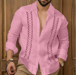 Chemise décontractée pour homme, bleu clair, manches longues, col rabattu, broderie à la main, été, respirante, popeline, manches longues - Product Image 4