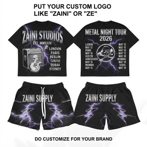 เสื้อยืดลายกราฟิกผู้ชาย ชุดเซ็ตผ้าคอตตอนเจอร์ซีย์พรีเมียม 240 GSM สีดำ พิมพ์ลายสายฟ้า รับสกรีนโลโก้ เสื้อผ้าลำลองสไตล์สตรีทแวร์ ชุดสองชิ้น - Product Image 1