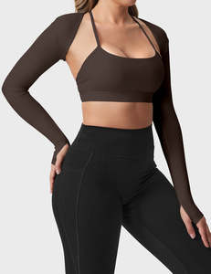 Haut court tricoté extensible pour femme, coupe ajustée, manches longues, ouvert sur le devant, style shrug, idéal pour superposition, en polyester et élasthanne - Product Image 1