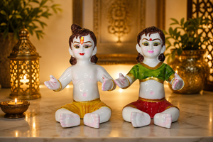 Lalla Lalli Ceramic <b>Statue</b> Krishna Radha Handmade Traditional <b>Religious</b> Home Decor Diwali Living Room Tabletop 2Pcs - Product Image 3