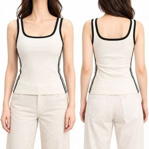 Sporty Black Trim Binding <b>Tank</b> <b>Top</b> Finest Knitted <b>White</b> Cotton Sleeveless Retro Scoop Neck Casual Ringer <b>Tops</b> - Product Image 1