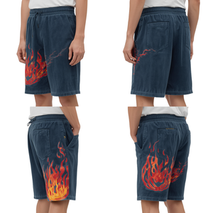 Pantalones Cortos de Felpa Francesa con Lavado Ácido de Alta Calidad y Estampado de Llamas para Hombre, Ropa Urbana - Product Image 4