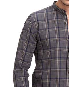Camisa de hombre a cuadros gris carbón con cuello de banda, de algodón y poliéster, corte ajustado, manga larga, con botones, estilo casual, para compradores mayoristas. - Product Image 3