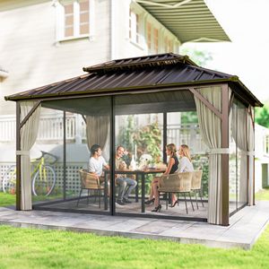 Gazebo Elegante con Tetto Rigido 10FT X 14FT, Doppio Tetto in Acciaio Zincato, Telaio in Alluminio, Permanente per Giardino - Marrone - Product Image 2