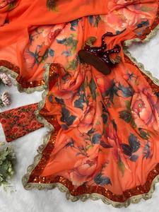 Sari de Georgette Suave con Lentejuelas y Borde de Encaje, Sari de Diseño Floral con Blusa de Georgette Estampada, Sari con Estampado de Jardín - Product Image 6