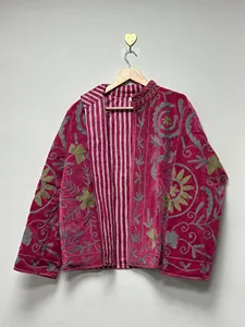 Boho Purple <b>Velvet</b> Suzani <b>Jacket</b> with Floral Embroidery Full Sleeve Stand Collar <b>Women's</b> Winter Outerwear - Product Image 3