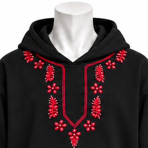 Sweat-shirt à capuche noir Indus brodé, motif floral, poche kangourou, streetwear décontracté, unisexe, haut de mode d'hiver - Product Image 3