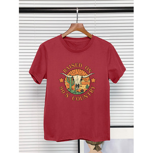 T-shirt décontracté à manches courtes et col rond pour homme, imprimé crâne de taureau country des années 90, rouge, coupe classique, en jersey de coton - Product Image 1