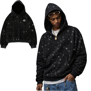 Sweat-shirt à capuche noir pour homme avec strass, design étoile scintillante personnalisé, décontracté, ample, surdimensionné, vente en gros OEM - Product Image 4