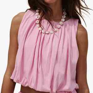 Custom Women's Pink 2 Piece Set Sleeveless <b>Top</b> Pleated Shorts Casual Summer Loose Fit O Neck Solid Color Cotton <b>Bubble</b> Skirt Set - Product Image 3