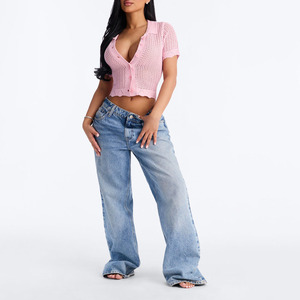 Lightweight Custom Summer Women's Pink Knitted <b>Crop</b> Top <b>Short</b> <b>Sleeve</b> Turn-down Collar Button Front Preppy Style Sweater <b>Cardigan</b> - Product Image 4