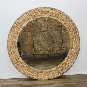 Espejo Redondo de Pared Tejido con Jacinto de Agua Natural y Marco de Hierro, Decoración Boho para el Hogar - Product Image 4