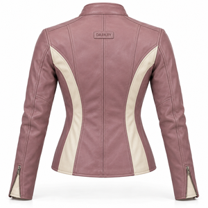 Chaqueta de cuero Dusty Rose para mujer, color blanco roto, con paneles laterales curvos, cuello mandarín, estilo motero, corte ajustado, puños con cremallera, personalizada, estilo racer para pista. - Product Image 2