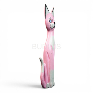 Figurine de chat en bois peinte à la main rose pastel avec finition sculptée lisse, ornement de décoration pour la maison - Product Image 3