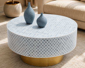 Table basse ronde moderne en bois avec incrustations en os, avec rangement, meubles de salon faits à la main - Product Image 3