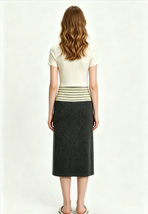 Women's High Waist Knitted Midi <b>Skirt</b> <b>Black</b> With Striped Waistband And Heart Keyhole Slit - Product Image 2