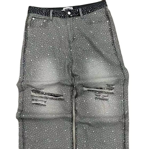 <b>Men</b> <b>Grey</b> Rhinestone Baggy <b>Jeans</b> Distressed <b>Ripped</b> Knee Loose Fit Streetwear Denim Pants For <b>Men</b> - Product Image 5