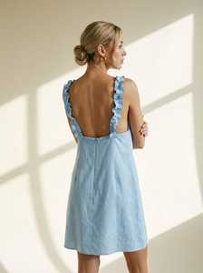 ชุดเดรสผ้าลินินสีฟ้าอ่อนสำหรับผู้หญิง แขนกุด สายรัดระบาย ทรงเอไลน์ ชุดลำลองฤดูร้อน - Product Image 5