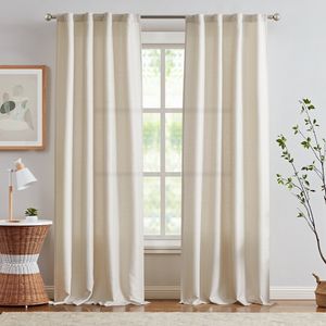 Tende in Lino Testurizzato Beige Effetto Mélange, Filtranti Luce, con Linguette Posteriori, 2 Pannelli, 96 Pollici, per Soggiorno - Product Image 1