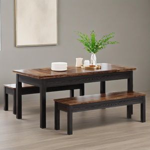 Set da Cucina Salvaspazio in Stile Rustico a 3 Pezzi per 4-6 Persone, Tavolo da Pranzo in Legno Resistente da 55 Pollici con 2 Panche per Sala da Pranzo - Product Image 1