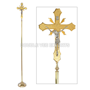 Hermosa Cruz Procesional de Latón Pulido |   Crucifijo de Iglesia con Base – DOUBLE VEE EXPORTS - Product Image 2