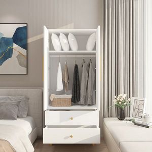 Armadio in Legno Triamine Bianco e Oro con Piedini in Rame, 2 Ante, 2 Cassetti, Asta Appendiabiti, in Pannello a Densità Incollata - Product Image 3