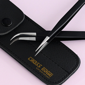 Pinzas de aislamiento de pestañas con puntas de fibra negra al por mayor, pinzas de extensión de pestañas rectas de acero inoxidable, Punta puntiaguda de 45 90 grados - Product Image 1