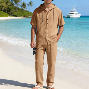 Ensemble décontracté blanc pour homme – Tenue d'été respirante en coton tissé – Ensemble deux pièces – Fabricant de vêtements d'été pour homme - Product Image 5