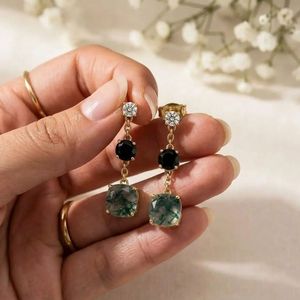 Moss Agate & <b>Black</b> Obsidian Drop Earrings Cushion Cut Green Gemstone Earrings With CZ Accent Elegant Fine Stud Earrings Gift - Product Image 4