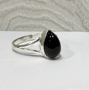 Bague Classique en Onyx Noir Original, Plaqué Argent, Laiton Vintage, Forme Poire, Petite Pierre, pour Femme, Idéale pour Mariage et Soirée - Product Image 3