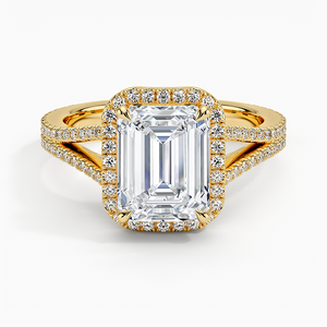 Anillo de Compromiso Fortuna Halo con Moissanita Corte Esmeralda y Engaste de Puntas Chapado en Oro de 14K para Boda y Aniversario - Product Image 1