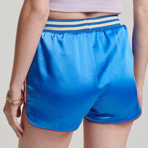 Shorts en satin bleu pour femme avec logo personnalisé imprimé, taille haute, bande élastique, poches, style sportif, coupe régulière - Product Image 2