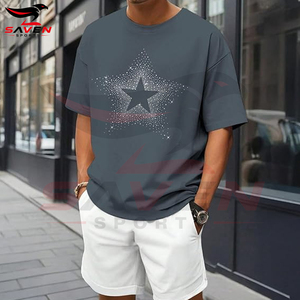 เสื้อยืดโอเวอร์ไซส์ผู้ชายสไตล์สตรีทแวร์ ปักลายกราฟิกคริสตัลรูปดาวสีเทา ประดับด้วยคริสตัลแบบฮอตฟิกซ์ ผ้าฝ้ายทรงดรอปโชว์เดอร์ รับผลิตตามสั่งขายส่ง - Product Image 5