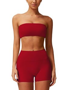 Conjunto de Yoga sin Costuras de 2 Piezas, Top Corto de Cintura Alta y Pantalones Cortos, Ropa Deportiva sin Tirantes de Color Sólido para Mujer - Product Image 1