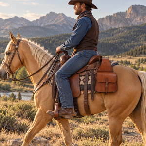 Traditional Leather Horse Saddle Bag | Western Equestrian Side Storage Pouch Secure <b>Straps</b> <b>Buckles</b> Trail Riding Ranch Work Tack - Product Image 4