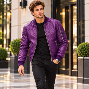 Veste en cuir d'autruche violette pour homme, veste bomber en cuir de qualité supérieure, veste de motard en cuir - Product Image 2