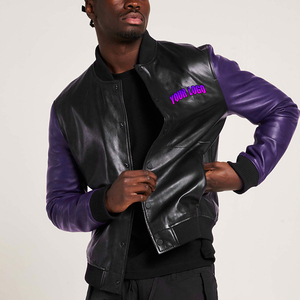 Blouson Bomber en Cuir PU pour Homme, Bicolore Violet et Noir, Logo Thermocollé sur le Devant, Style Décontracté pour l'Automne - Product Image 1