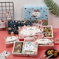 Boîte à gâteau en papier artistique personnalisée, boîte à gâteau pliable, transporteur de gâteau, vitrine de boulangerie, fenêtre transparente, revêtement UV, gaufrage, laminage mat recyclé