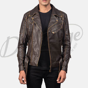 Veste de motard en cuir marron foncé pour homme, style vintage vieilli, en véritable peau de mouton, coupe ajustée, automne-hiver, avec ceinture - Product Image 6