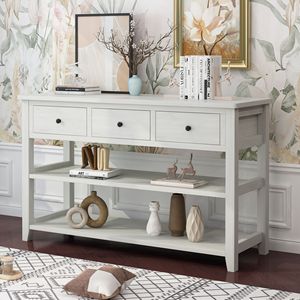 Consolle Antica Bianca con Gambe in Legno, 3 Cassetti e 2 Ripiani Aperti, Tavolo da Ingresso/Divano in Pino per Appartamenti - Product Image 3