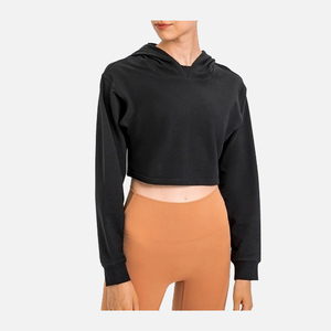 Sweat-shirt court à capuche noir pour femme, manches longues, couleur unie, tricoté, respirant, pour l'automne, 100% coton, coupe classique - Product Image 1