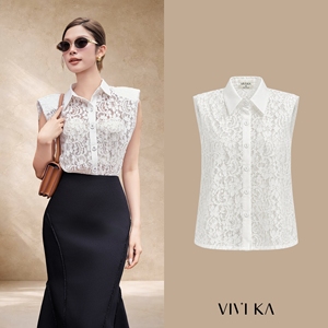Blusa Blanca sin Mangas con Encaje Floral para Mujer, con Hombreras, Cuello Clásico, Botones al Frente, 100% Poliéster, GINNY - Product Image 1
