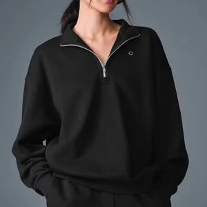 Women's Black Stand Collar <b>Zip</b>-<b>Up</b> Sweatshirt Regular Sleeve Solid Color Casual Knitted Cotton Top Autumn Wear - Product Image 1