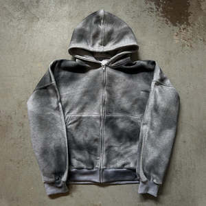 Sudadera con capucha de alta gama con cremallera y estilo desgastado, de tela de rizo 100% algodón, y pantalones cortos deportivos de diseño vintage, colección de verano. - Product Image 6