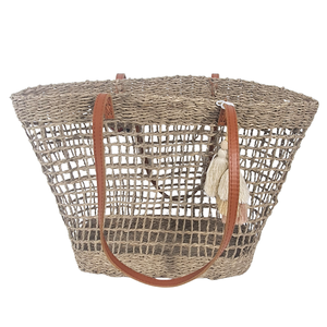 Sac fourre-tout vintage décontracté en jonc de mer tressé à la main avec poignée en cuir, sac de plage en paille naturelle à tissage ouvert - Product Image 4