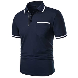 Wholesale <b>Men</b>’s <b>Polo</b> <b>Shirt</b> Navy Blue Beige Short Sleeve Contrast Trim Chest <b>Pocket</b> Custom Logo OEM Apparel - Product Image 2